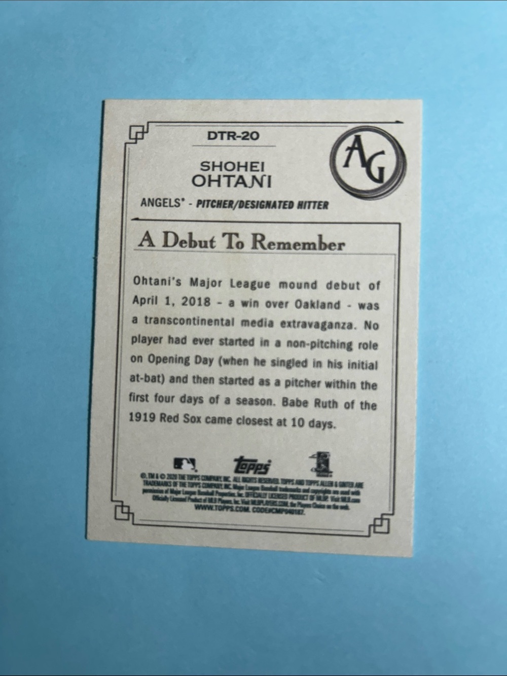 Shohei Ohtani , LA Angels 2020 Topps Allen & Ginter A Day to Remember #DTR-20 - Picture 2 of 2